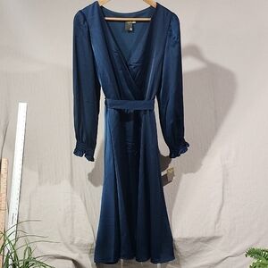 Taylor NWT Elegant Navy Blue Faux Wrap Dress Elastic Waist‎ Back Tie Womens 10